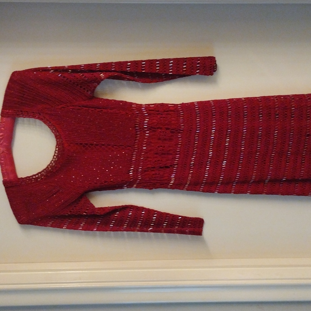 Sherrie Bloom red sequin dress, full length, sleeves.